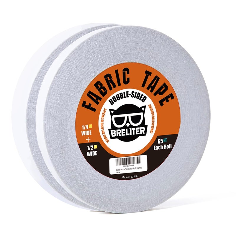 Breliter Double-Sided Fabric Tape (2 Rolls) - 65FT Length, No Sewing or Ironing Required, Perfect for Quick Clothing Repairs, Fabric Bonding, and DIY Crafts (1/4inch+1/2inch) - Image 1